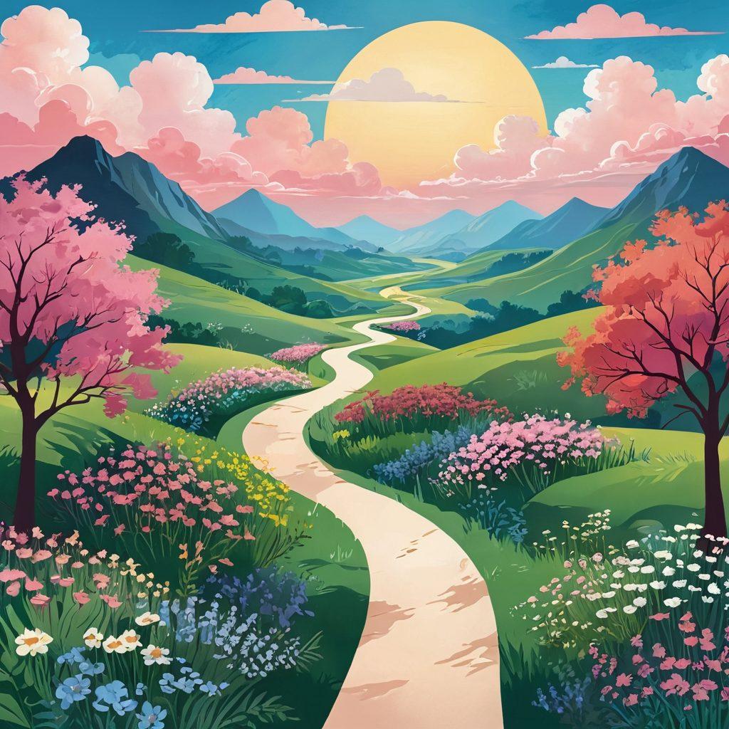 A stylized illustration of a winding path through a serene landscape, representing the cancer journey. Along the path, include symbols of hope such as blooming flowers and gentle sunlight breaking through clouds. Incorporate imagery depicting treatment options like a stethoscope and medications. Add calming elements like a supportive group of silhouettes in the distance. It's a vibrant scene that evokes a sense of awareness and wellness. vibrant colors. digital painting.