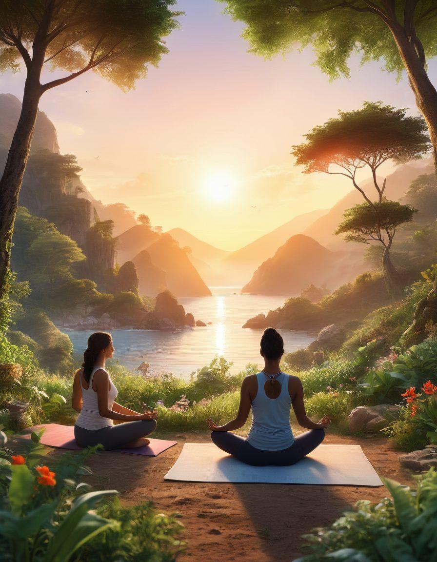 A serene landscape depicting a diverse group of individuals engaging in various wellness activities such as yoga, gardening, and meditating in nature. The scene should embody a spirit of hope, resilience, and community, with vibrant greenery and a gentle sunrise in the background symbolizing a new beginning. Include elements like healthy foods and supportive relationships woven into the scene to highlight lifestyle changes and survivorship strategies. super-realistic. vibrant colors. peaceful ambiance.